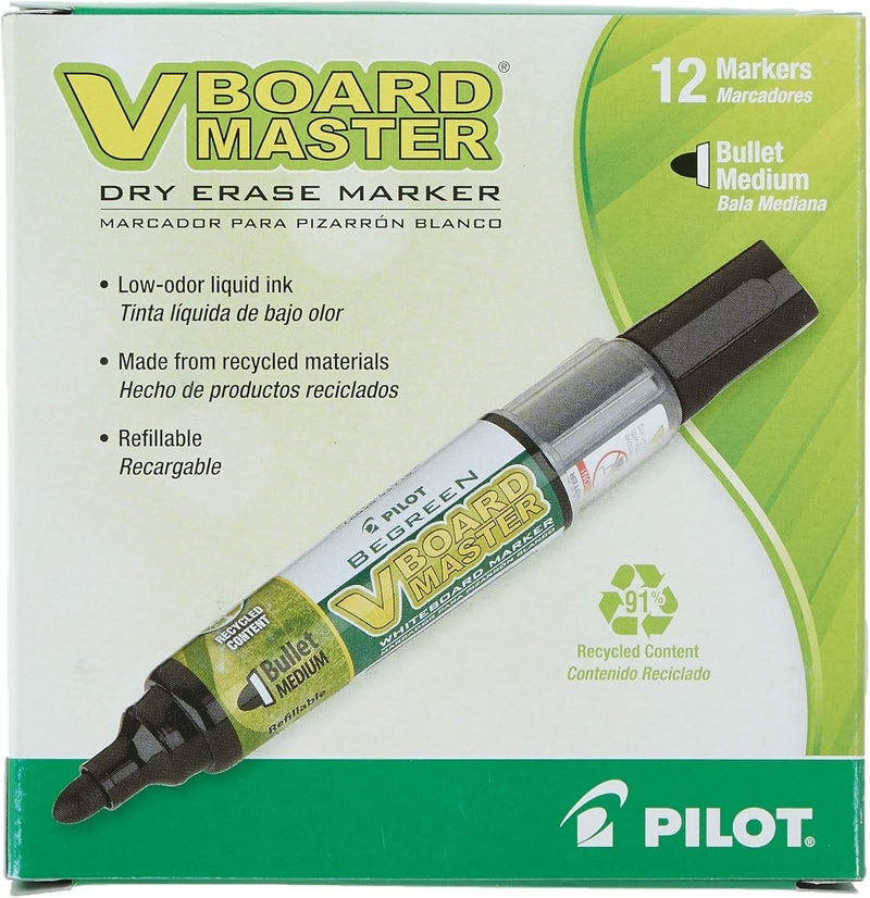 PILOT V Board Master BeGreen Refillable Dry-Erase Markers, Bullet Tip, Black Ink, 12 Count - Image 1